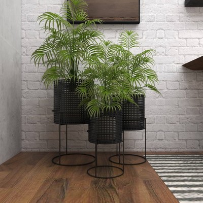 Set of 3 Black Metal Perforated Cylinder Floor Planters