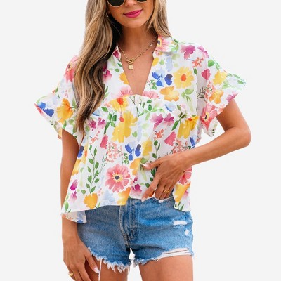 Amaryllis Women’s Watercolor Floral Blouse Short Flutter Sleeve Loose Fit Collared Lightweight Casual Top- Small ,Yellow