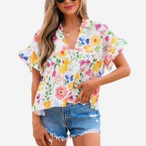 Amaryllis Women’s Watercolor Floral Blouse Short Flutter Sleeve Loose Fit Collared Lightweight Casual Top- Small ,Yellow - 1 of 4