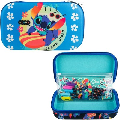 Disney Stitch Pencil Case Set with Stickers and Gel Pens for Kids, Molded with Zip Closure, Blue