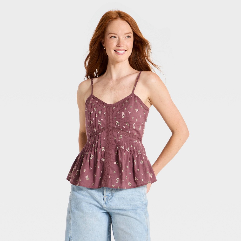 Women's Lace Trim Cotton Tank Top - Universal Thread™ Mauve Floral XS