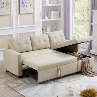 FONTOI Pull-out Sofa Bed, Convertible Sleeper with with Storage Chaise and Back Cushions, L-shaped Sofa for Living Room Home, Beige, 81.5"*33.75"*52"