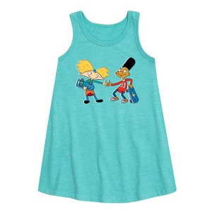 Girls' - Hey Arnold! - Arnold and Gerald Skateboard Graphic Sleeveless Aline Dress - 1 of 3