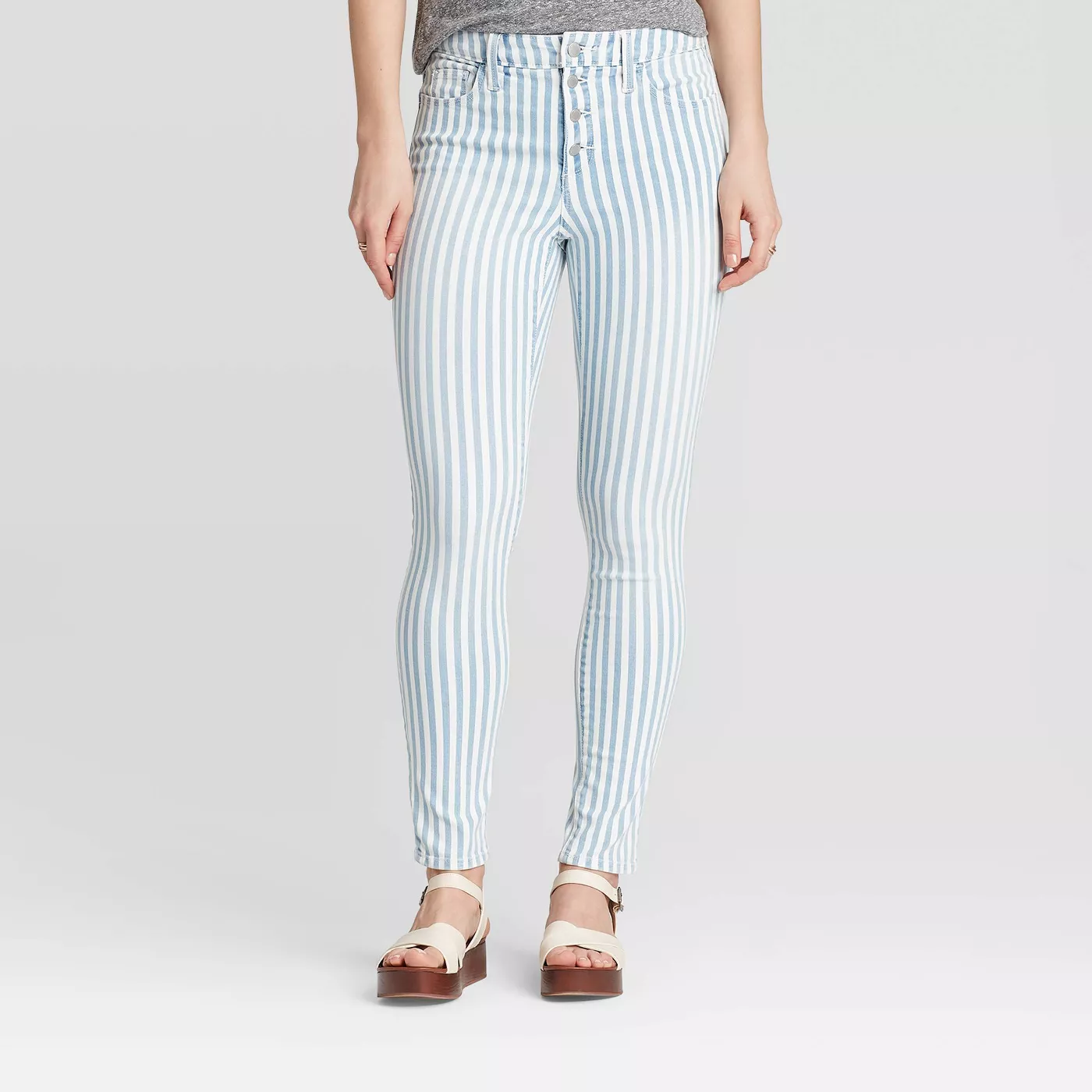 Women's High-Rise Striped Skinny Ankle Jeans - Universal Thread™ Light Blue - image 1 of 6