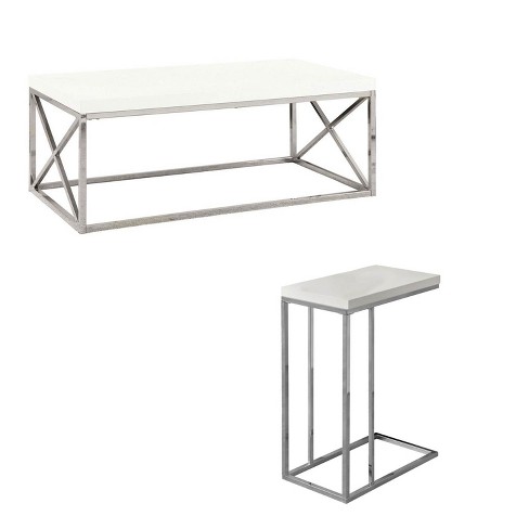 Monarch Glossy White Chrome, White Coffee Table With End Tables