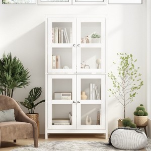 FUFU&GAGA White Bookcase Four Tier Space Minimalist Design Glass Cabinet Doors - 1 of 4