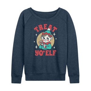 Women's - Instant Message - Treat Yo Elf Christmas Lightweight French Terry Wide Neck Long Sleeve Shirt - 1 of 4