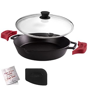 Cast Iron Skillet with Glass Lid - 12"-Inch Dual Handle Frying Pan + Pan Scraper + Silicone Handle Holder Covers - Preseasoned Oven Safe. - 1 of 4