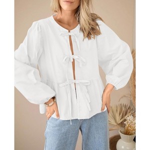 Women's Spring Fall Babydoll Peplum Blouse Shirt Puff Long Sleeve Bow Tie Front Trendy Cute Going Out Tops - 1 of 4