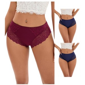INSPIRE CHIC 3 Pcs Women's Wide Lace Trim Mid-Waisted Underwear Full Coverage Comfortable Briefs - 1 of 4