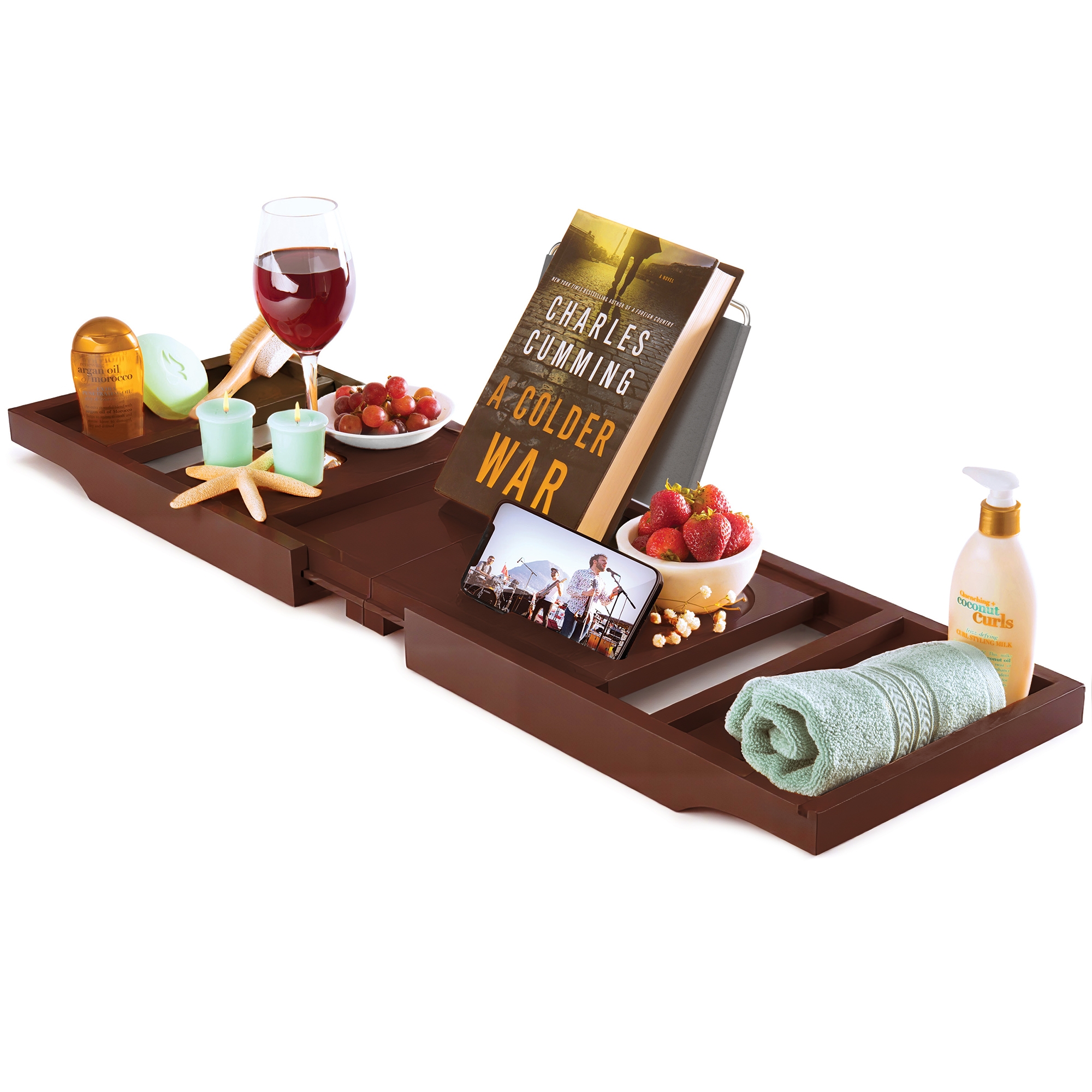 Luxury Bamboo Bathtub Tray Caddy - Brown Expandable and Foldable Non-Slip Bath Caddy with Book, Tablet, Wine Glass Holder - Unique Gift for Her or Him