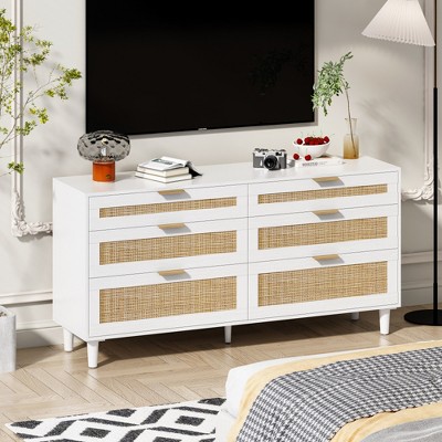 ALEXOUN 59" Rattan Dresser with 6 Drawers,Clothes Storage Cabinet for Bedroom, Metal Handle & Wood Legs for Hallway, Living Room, Bedroom