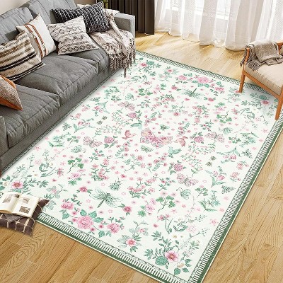 Fulvari Area Rugs,Washable Floral Area Rugs, Non-Slip and Stain Resistant Soft Throw Indoor Carpet for Dining Room Kitchen Home Decor