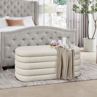 Vynxaria Ivory White Boucle Fuji 49" Upholstered Oval Storage Bench