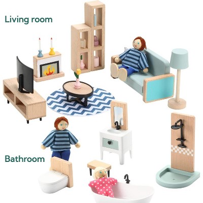 Etokfoks 36pcs Wooden Dollhouse Furniture Set with 5 Rooms and 4 Dolls Blue Pretend Play Accessories for Kids Toddlers Ages 3 and Up — фото 7