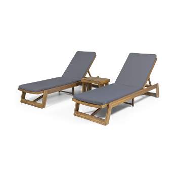 Kyoto 3pc Outdoor Acacia Wood Chaise Lounge Set with Cushions - Teak/Dark Gray - Christopher Knight Home