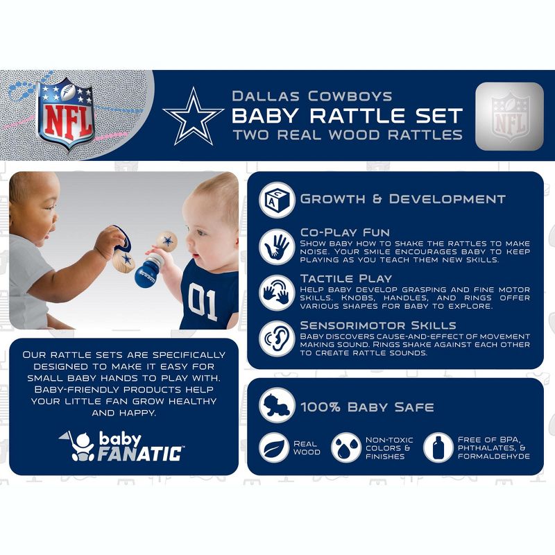 Baby Fanatic Wood Rattle 2 Pack - NFL Dallas Cowboys Baby Toy Set, 3 of 5