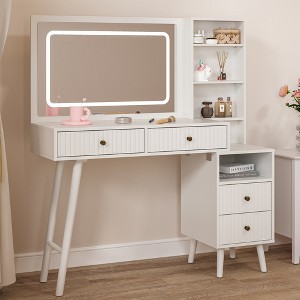 Heynemo Fluted Vanity Desk with LED Lighted Mirror, Makeup Table with Drawers, 3 Lighting Colors Touch Control, for Bedroom, White - 1 of 4