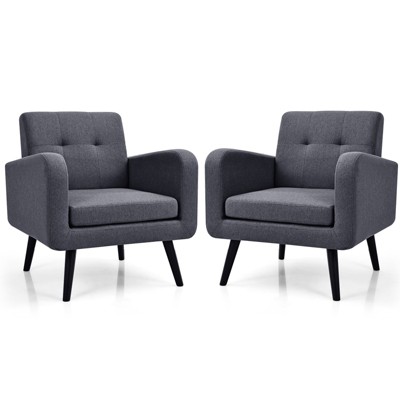Tangkula Modern Upholstered Accent Chair Linen Fabric Single Sofa with Rubber Wood Leg Grey/ Blue