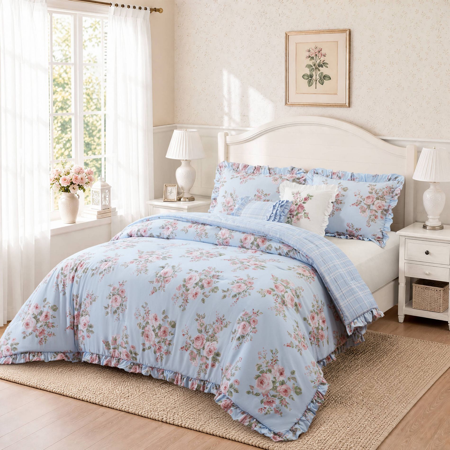 Comforter Set with Ruffle Trim and Decorative Pillows for Bedroom