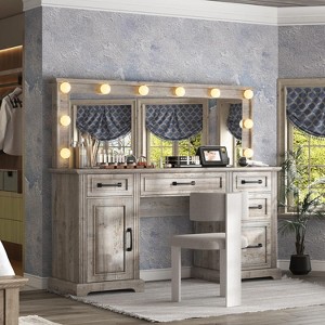 AMERLIFE 55" W Makeup Vanity with Hollywood Mirror, Glass Top Vanity with 5 Drawers - 1 of 2