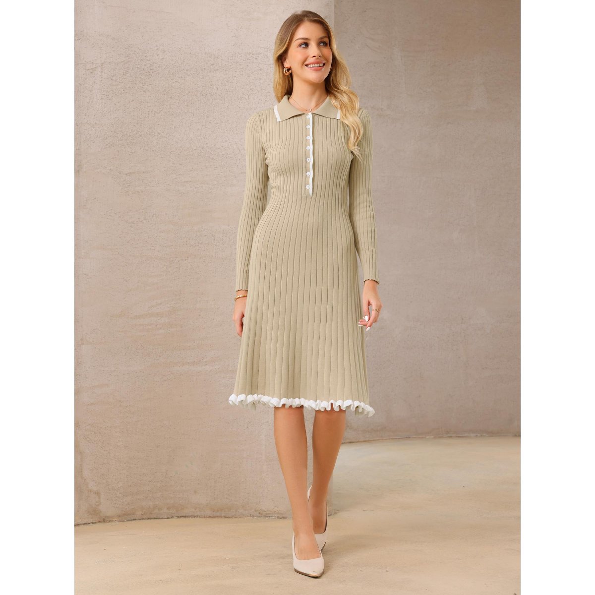 Женские платья INSPIRE CHIC Women's Midi Knitted Ribbed Ruffled A-Line Sweater Polo Dresses Dark Beige Small — фото 2