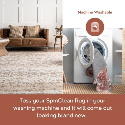 Ivory Floral Round Washable Stain-Resistant Area Rug
