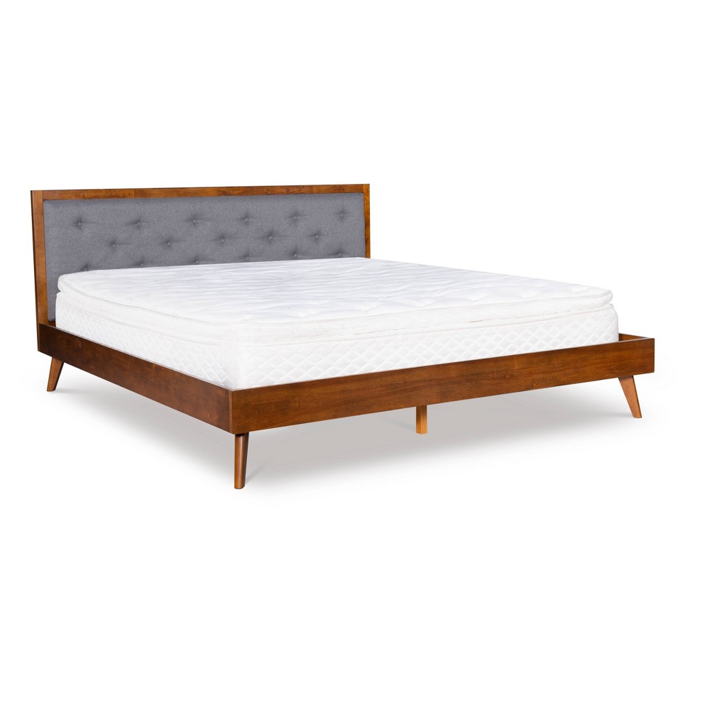 Photos - Bed Linon King Reid Mid-Century Platform  in Walnut Finish with Tufted Headboard in Gray Fabric - : Upholstered Polyester, No 