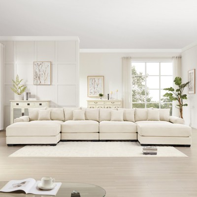 Aukfa Oversized 170" Modular Sectional Sofa with 2 Ottoman, Cream Corduroy, Thick Armrests, Ergonomic Cushions, Easy Assembly for Living Room