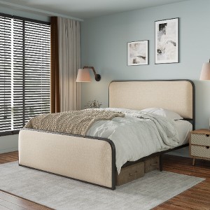 Lyngins Modern Metal Platform Bed with Curved Upholstered Headboard & Footboard, Bed Frame with Under Bed Storage, Heavy Duty Metal Slats - 1 of 4