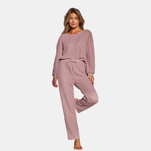 Women's Pink Waffle Knit Long Sleeve & Pants Pajama Set - Cupshe - 1 of 4