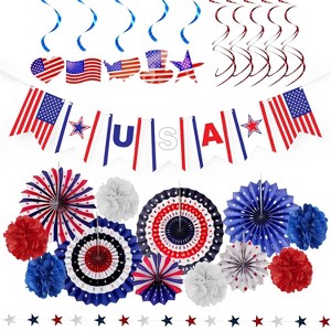 4E's Novelty 24 Pcs Patriotic Hanging Decorations, 6 Pcs Foldable Hanging Patriotic Paper Fans, Red White Blue Decor with Star Streamer USA Flag - 1 of 4