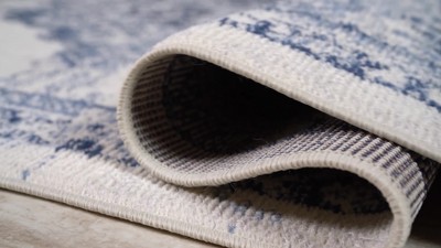 Ivory and Navy Synthetic Medallion Runner Rug