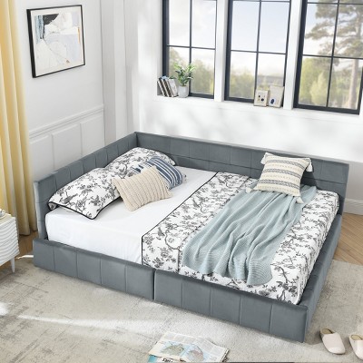 1pc Queen Size Velvet Upholstered Storage Daybed with Drawers, Tufted Backrest & Armrest, No Box Spring Needed - Baofuwish
