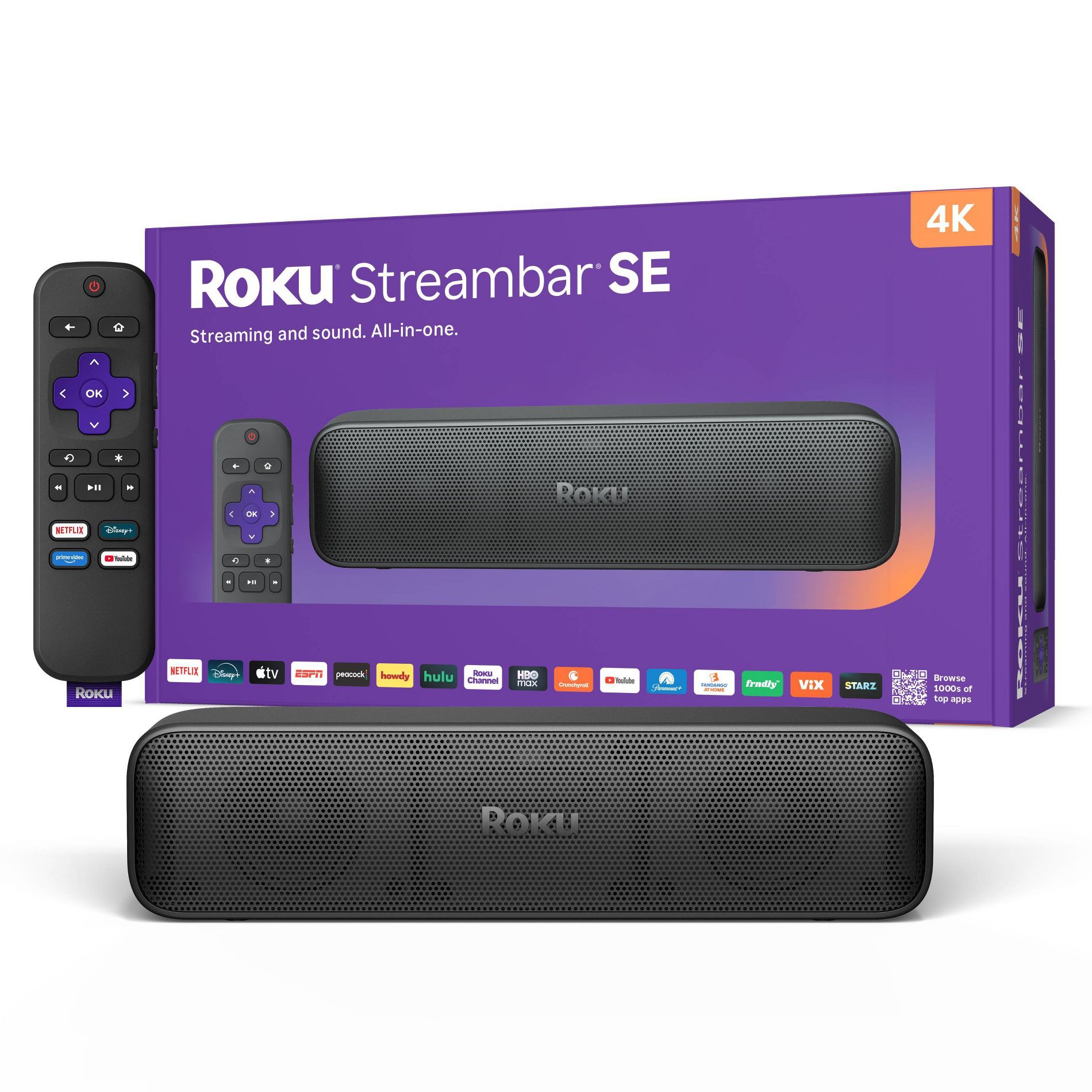 Roku Streambar SE 2-in-1 TV Soundbar with Built-in Streaming, Premium Speakers, & Enhanced Speech Clarity: 4K Resolution, Wi-Fi 5, Voice Assistant