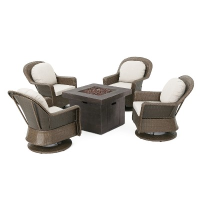 GDFStudio Assisi Outdoor Wicker 5 Piece Swivel Club Chair and Fire Pit Set with Cushions, Ceramic Gray/Brown