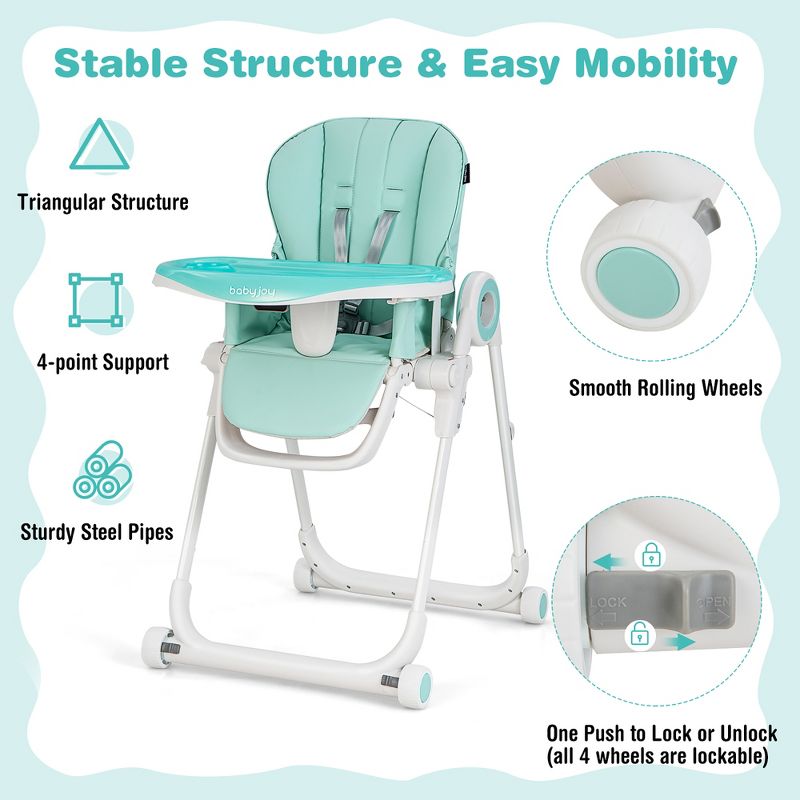 Babyjoy Baby High Chair Foldable Feeding Chair w/ 4 Lockable Wheels Pink\Black\Colorful\Green, 5 of 11