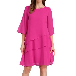 INSPIRE CHIC Women's Round Neck Semi Sheer 3/4 Bell Sleeve Asymmetrical Layered Tiered Midi Dress - 1 of 4