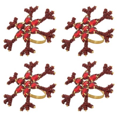 Red Beaded Snowflake Holiday Napkin Rings Set of 4