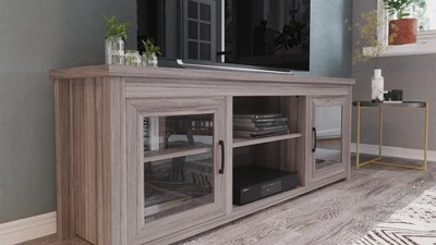 Gray Wash Oak 65" TV Stand with Glass Doors and Adjustable Shelves