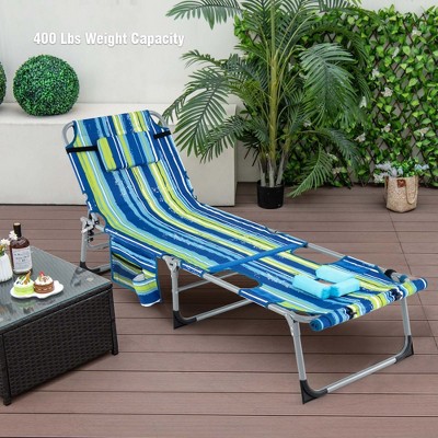 Costway Outdoor Folding Chaise 5-Position Lounge Chair with Face Hole & Adjustable Footrest Navy Blue