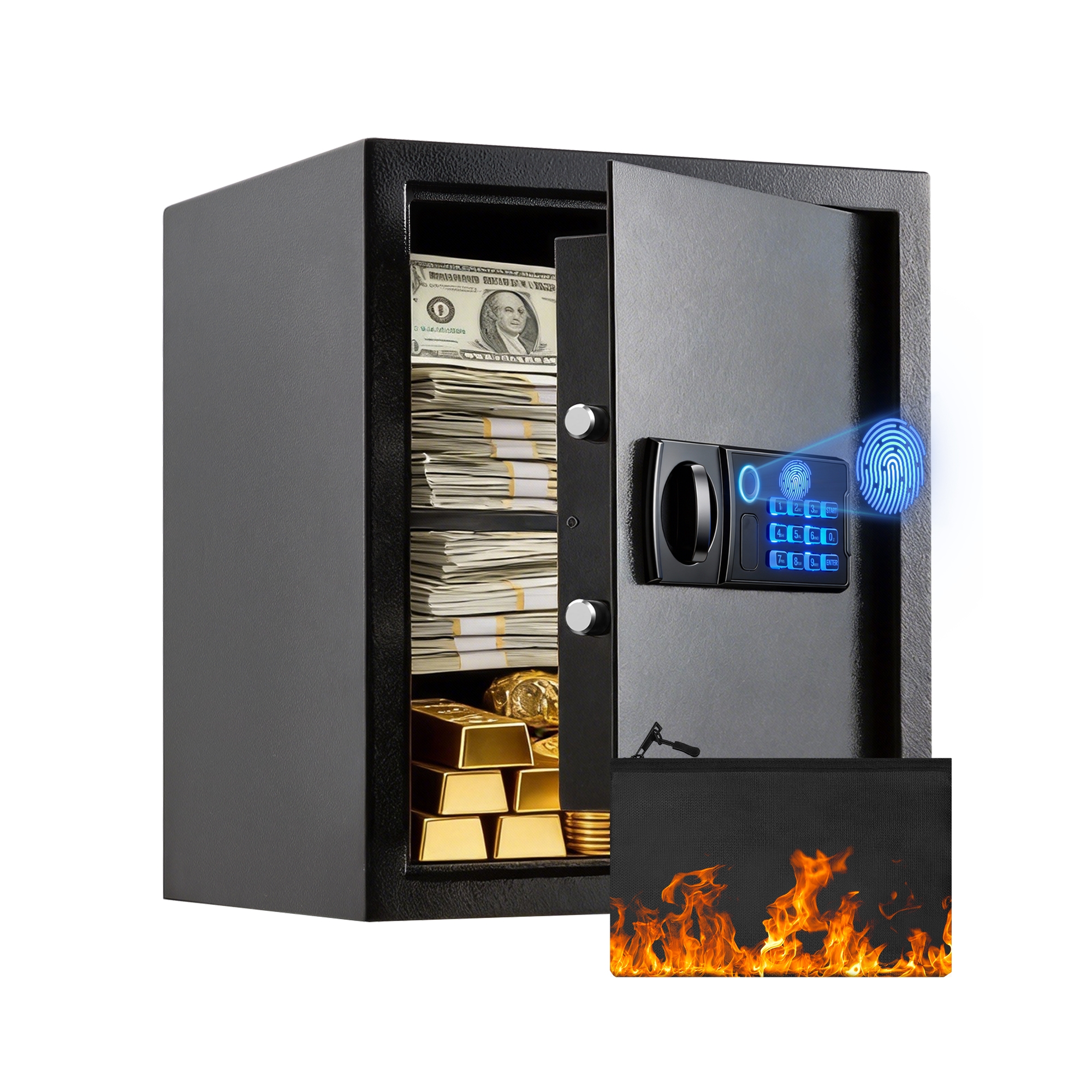 3.1 Cuft Safes Box for Home, Fingerprint Recognition Box With Keys, Fireproof Bag & & Removable Shelf, Anti-Theft Digital Security Safe Box for Money