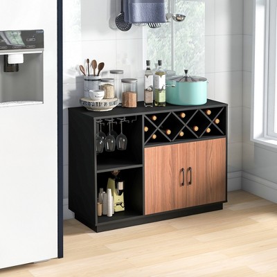 Industrial Black and Brown Wine Bar Cabinet with Glass Holder and Adjustable Shelf