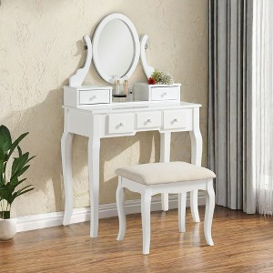 NicBex Vanity Desk with Mirror 32" Vanity Table with Oval Mirror, British Style Wood Makeup Vanity with 5 Drawer and 1 Upholstered Stool - 1 of 4