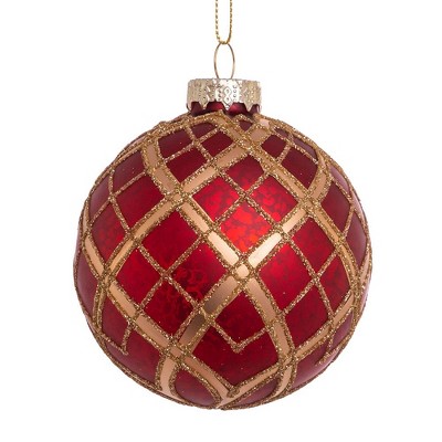 Kurt Adler 80MM Red with Gold Plaid Glass Ball Ornaments