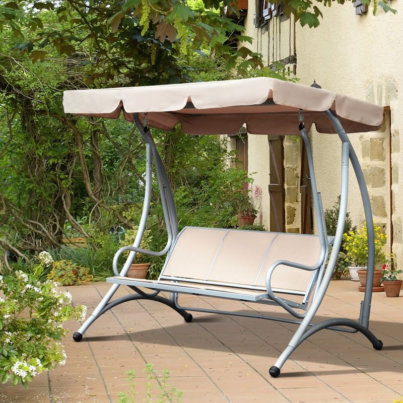 Outsunny 3 Person Patio Swing Seats, Porch Swing with Stand and Adjustable Canopy Outdoor Swing Chair Bench for Garden, Poolside, 3 of 9