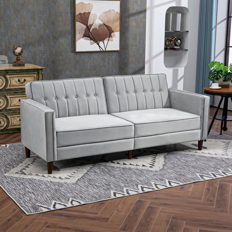 HOMCOM Convertible Sleeper Sofa, Futon Sofa Bed with Split Back Recline, Thick Padded Velvet-Touch Cushion Seating and Wood Legs, Light Gray, 2 of 7
