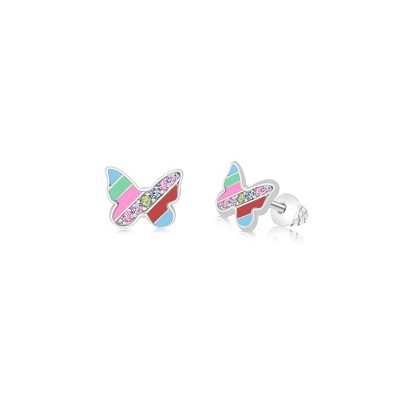 Chanteur Hypoallergenic Kids Jewelry Accessories Butterfly Blue Stripes CZ White Gold Palladium Plating Stud Earrings Surgical Titanium Posts