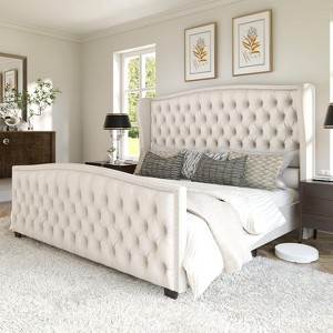AMERLIFE Queen Size Platform Bed Frame, Velvet Upholstered Bed with Deep Button Tufted, White - 1 of 2