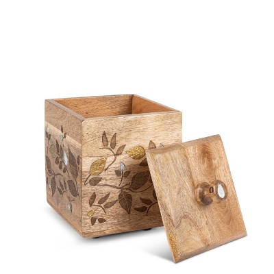 GG Collection Mango Wood with Laser and Metal Inlay Leaf Design Medium Canister.